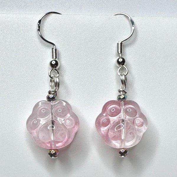 Amy Foxy Style Handmade Earrings - Pink Ombré Glass Cat Dog Paws with Pastel Hematite Beads