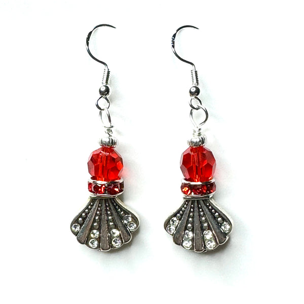 Amy Foxy Style Handmade Earrings Rhinestone Fan Seashell and Faceted Red and Rondelle Beads