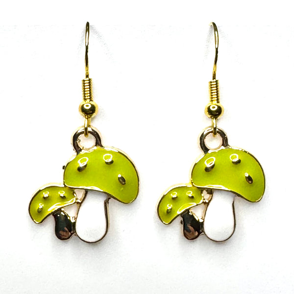 Amy Foxy Style Handmade Earrings - Mushroom Duo Charms with Golden Hooks: Green