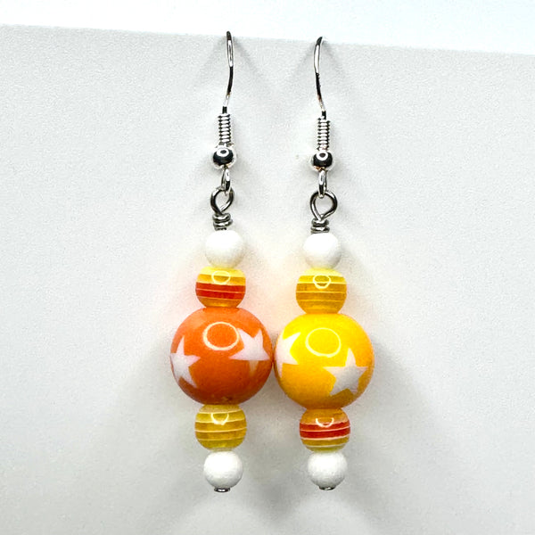 Amy Foxy Style Handmade Earrings - Asymmetrical Yellow, Orange and White Stars with Striped Beads
