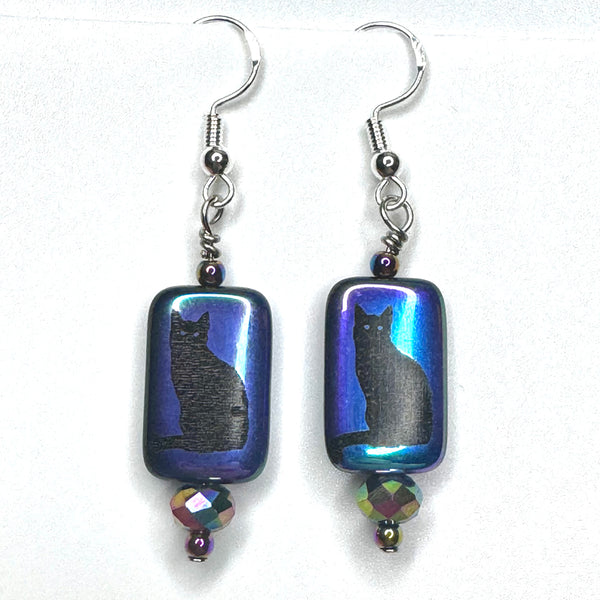 Amy Foxy Style Handmade Earrings - Iridescent Black Cat Silhouette and Faceted Rondelle Beads