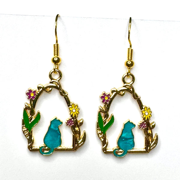 Amy Foxy Style Handmade Earrings - Cat with Flowers Charm with Golden Hooks: Teal