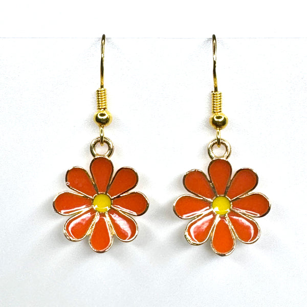 Amy Foxy Style Handmade Earrings - Daisy Flower Charms with Golden Hooks: Orange