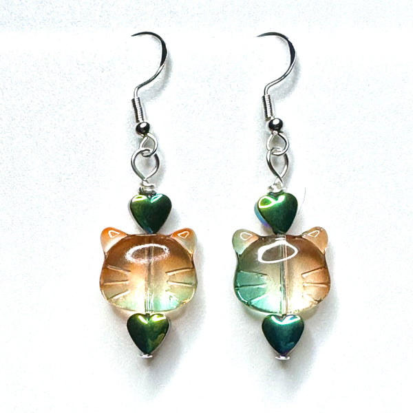 Amy Foxy Style Handmade Earrings - Green & Copper Ombré Glass Cat Face with Rainbow Hematite Heart Beads