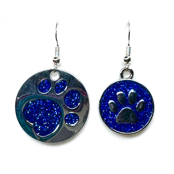 Amy Foxy Style Handmade Earrings - Asymmetrical Glitter Cat Dog Paw Medallions: Royal Blue