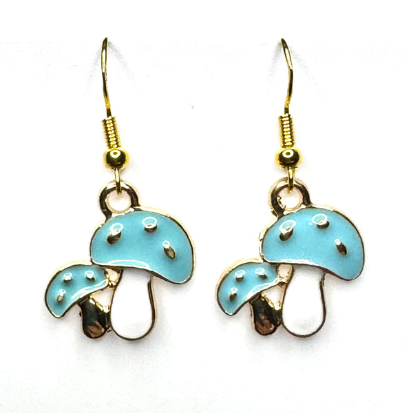 Amy Foxy Style Handmade Earrings - Mushroom Duo Charms with Golden Hooks: Blue