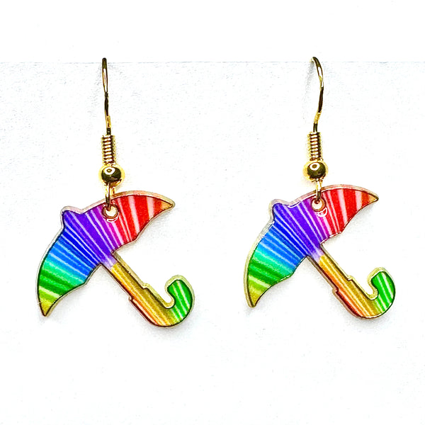 Amy Foxy Style Handmade Earrings - Umbrella Charms with Golden Hooks: Rainbow Spectrum