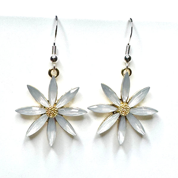 Amy Foxy Style Handmade Earrings - Rhinestone Flower Charms with Silver Hooks: White