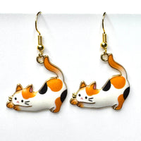 Amy Foxy Style Handmade Earrings - Stretching Cat Charm with Golden Hooks: Calico