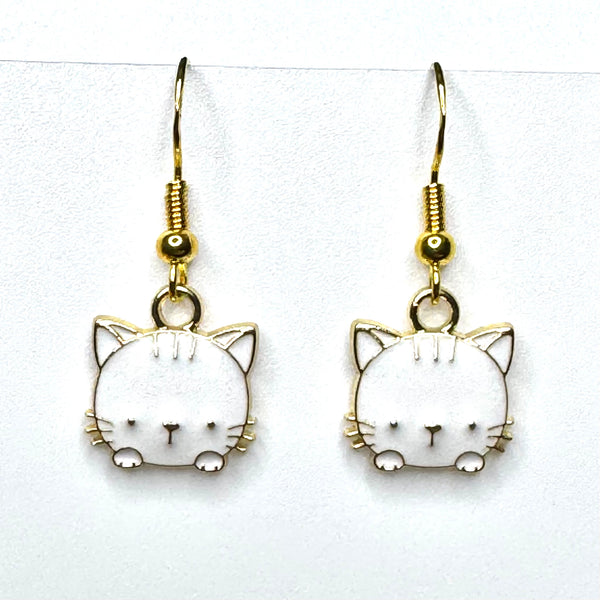 Amy Foxy Style Handmade Earrings - Little Cat Face Charms with Golden Hooks: White