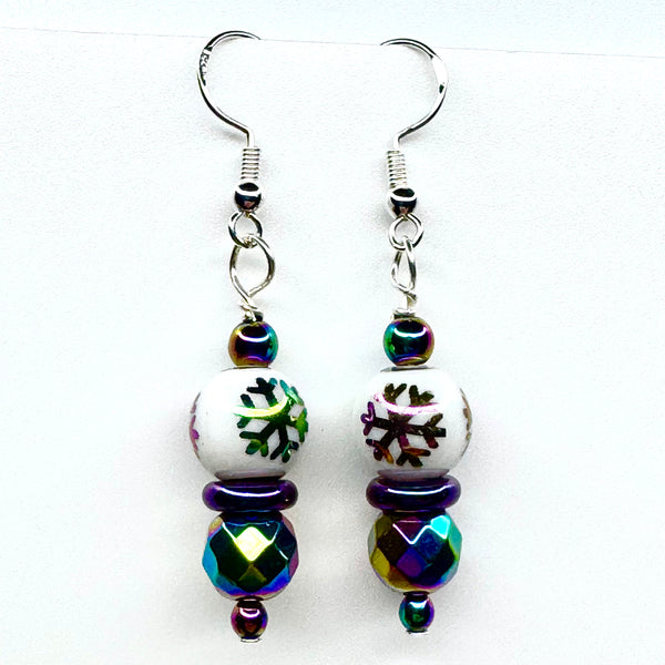 Amy Foxy Style Handmade Earrings - Rainbow Iridescent Snowflake, Faceted, and Rondelle Beads