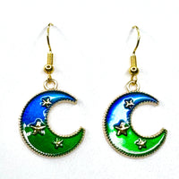 Amy Foxy Style Handmade Earrings - Blue and Green Crescent Moon and Stars with Golden Hooks