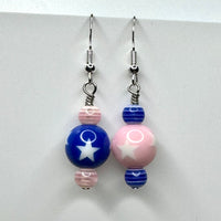 Amy Foxy Style Handmade Earrings - Asymmetrical Pale Pink, Blue and White Stars with Striped Beads