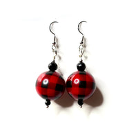 Amy Foxy Style Handmade Earrings - Red and Black Buffalo Plaid Big Ball Beads