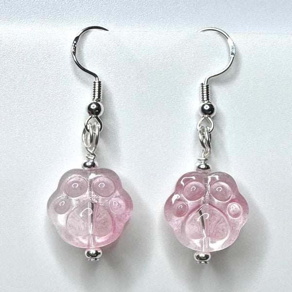 Amy Foxy Style Handmade Earrings - Pink Ombré Glass Cat Dog Paws with Rondelle Silver Beads