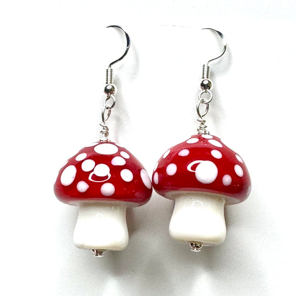 Amy Foxy Style Handmade Earrings - Glass Mushroom Beads: Big Chunky Red