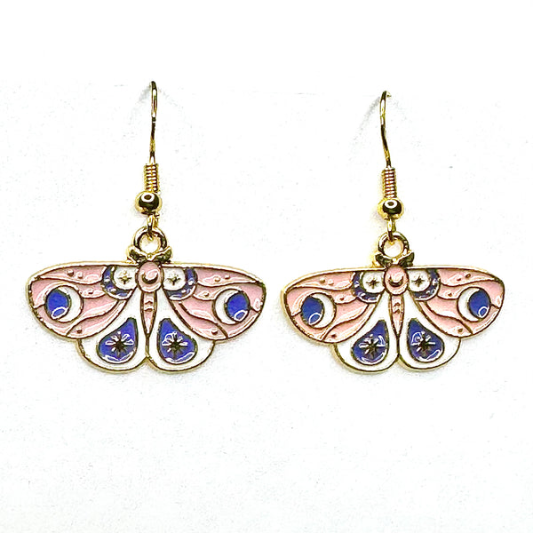 Amy Foxy Style Handmade Earrings - Moth Charms with Golden Hooks: Pastel Pink
