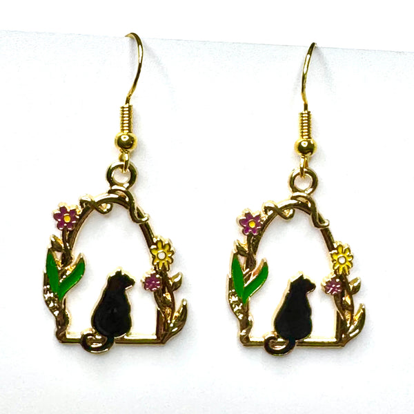 Amy Foxy Style Handmade Earrings - Cat with Flowers Charm with Golden Hooks: Black