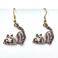 Amy Foxy Style Handmade Earrings - Stretching Cat Charm with Golden Hooks: Tabby