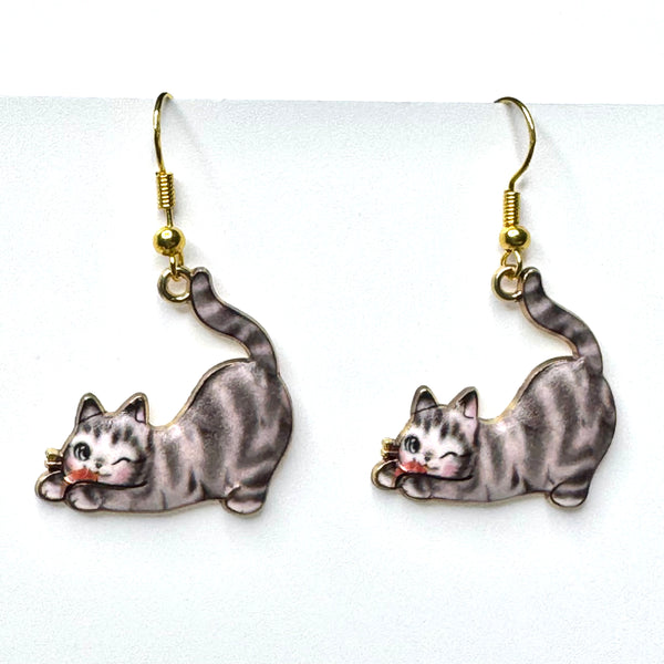 Amy Foxy Style Handmade Earrings - Stretching Cat Charm with Golden Hooks: Tabby