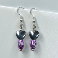 Amy Foxy Style Handmade Earrings - Shiny Silver Hearts with Lavender and Silver Barrel Beads