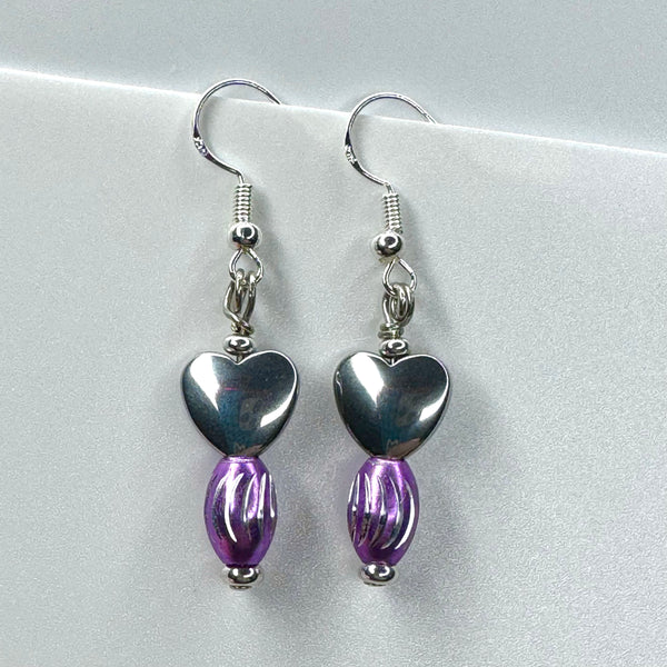 Amy Foxy Style Handmade Earrings - Shiny Silver Hearts with Lavender and Silver Barrel Beads