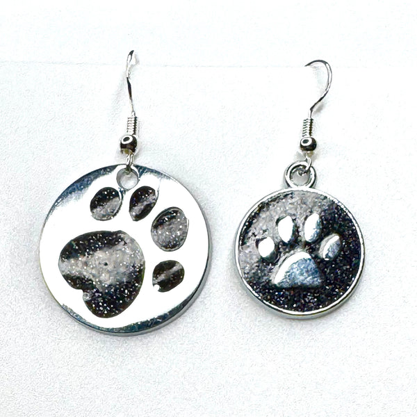 Amy Foxy Style Handmade Earrings - Asymmetrical Glitter Cat Dog Paw Medallions: Galaxy Black