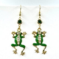 Amy Foxy Style Handmade Earrings - Enamel and Rhinestone Frog Charms with Golden Hooks and Green Rhinestone Connectors