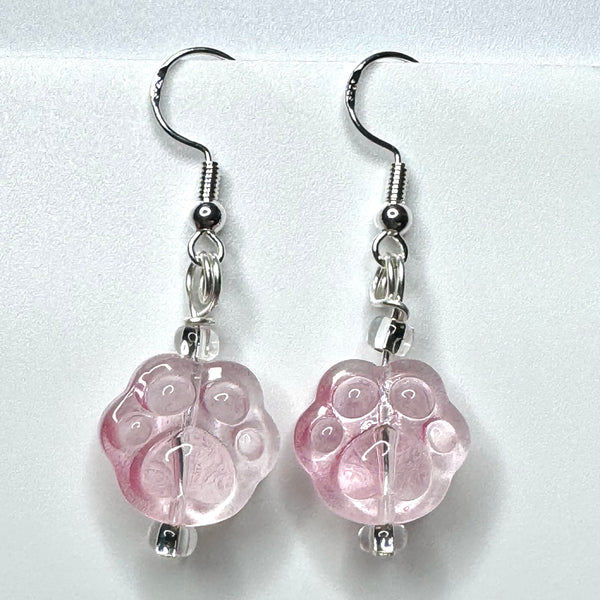 Amy Foxy Style Handmade Earrings - Pink Ombré Glass Cat Dog Paws with Glass Beads