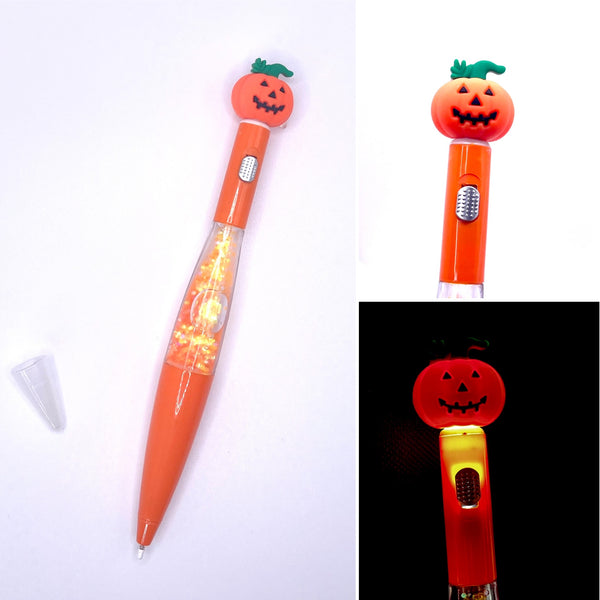 Orange pen with floating glitter inside and a cute jack o'lantern topper that lights up with a switch. 