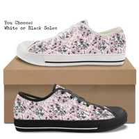 floral kitty print canvas low top shoes with your choice of white or black soles