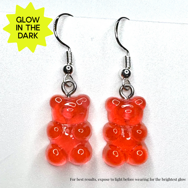 Amy Foxy Style Handmade Earrings - Glow-in-the-Dark Gummy Bears: Flame Red