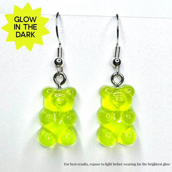 Amy Foxy Style Handmade Earrings - Glow-in-the-Dark Gummy Bears: Lime