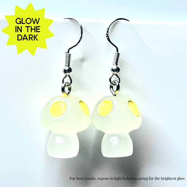 Amy Foxy Style Handmade Earrings - Glow-in-the-Dark Mushrooms: Yellow Spots