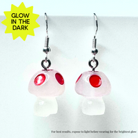 Amy Foxy Style Handmade Earrings - Glow-in-the-Dark Mushrooms: Red Spots