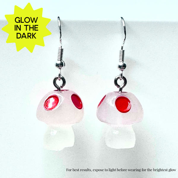 Amy Foxy Style Handmade Earrings - Glow-in-the-Dark Mushrooms: Red Spots