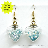 Amy Foxy Style Handmade Earrings - Glow-in-the-Dark Filled Gold-Tone Hearts: Blue