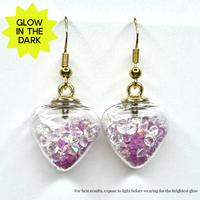 Amy Foxy Style Handmade Earrings - Glow-in-the-Dark Filled Gold-Tone Hearts: Purple