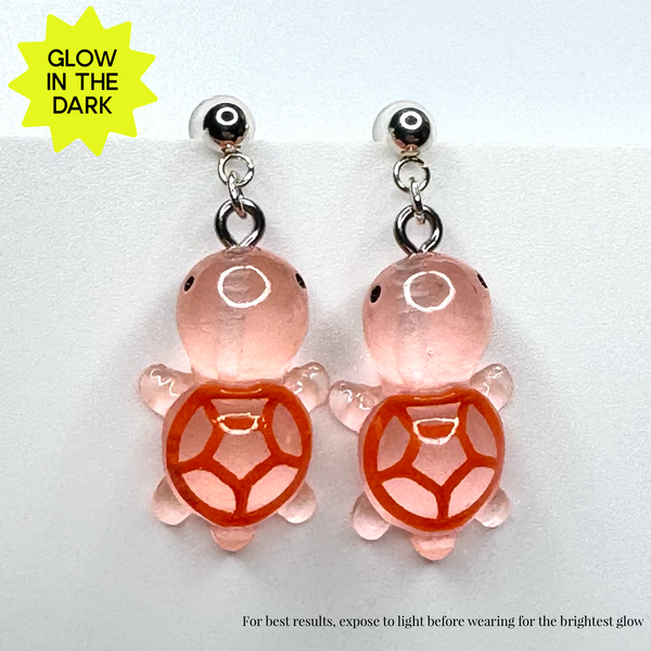 Amy Foxy Style Handmade POST Earrings - Glow-in-the-Dark Turtles: Orange