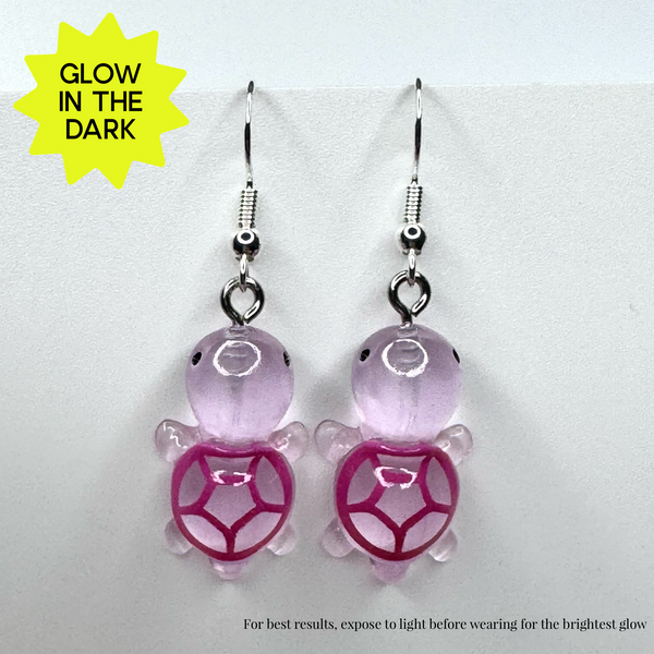 Amy Foxy Style Handmade Earrings - Glow-in-the-Dark Turtles: Purple