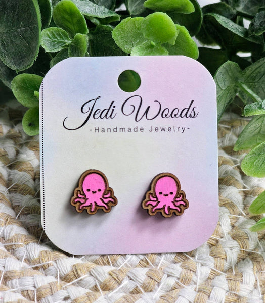 Jedi Woods - Pink Wooden Octopus Stud Earrings