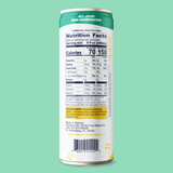 The back of a can of Banana Fruit Water, showing the nutrition facts label, on a solid mint green background.