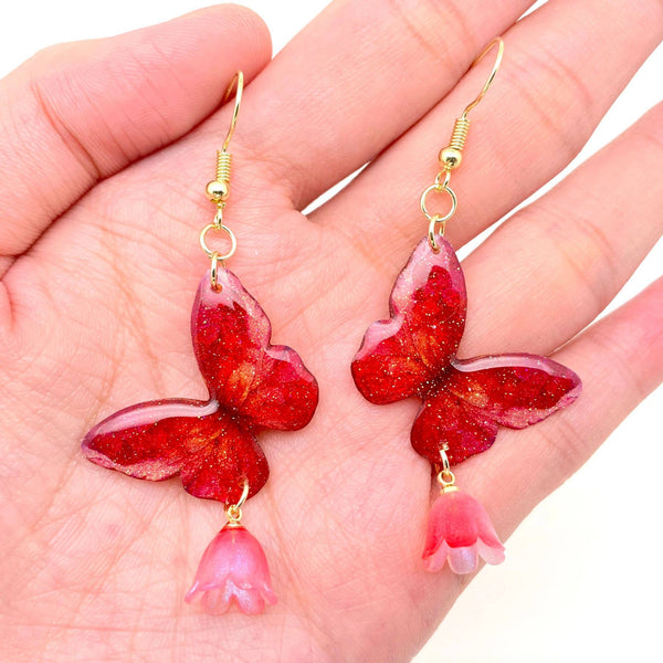 Mio Queena - Resin Butterfly Flower Charm Dangle Earrings: Rouge Red