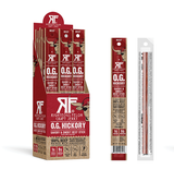 Righteous Pelon Craft Jerk O.G. Hickory beef stick packaging with a box and single stick on a white background.