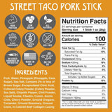 Nutrition facts and ingredient list for a street taco pork stick on an orange background