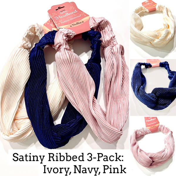 Nollia - Satiny Ribbed Headband 3-Pack: Pink, Navy & Ivory