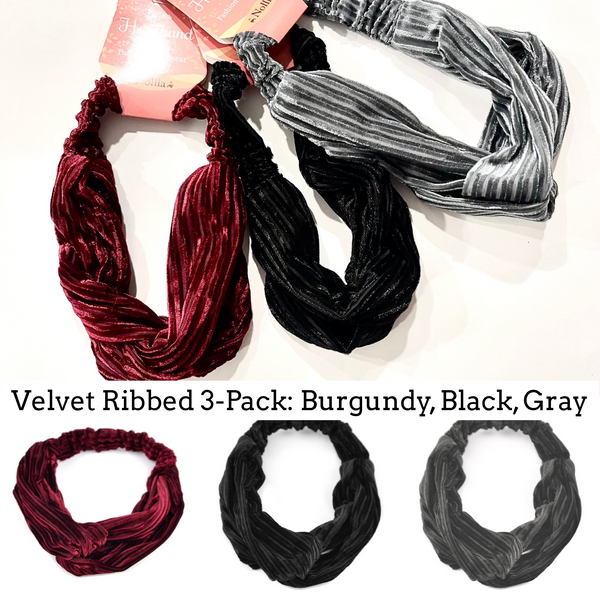 Nollia - Velvety Ribbed Headband 3-Pack: Black, Burgundy & Gray