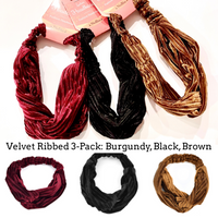 Nollia - Velvety Ribbed Headband 3-Pack: Black, Burgundy & Brown