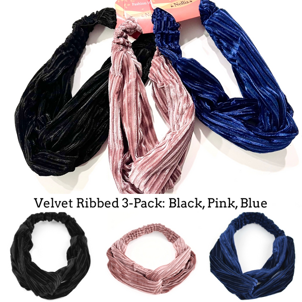 Nollia - Velvety Ribbed Headband 3-Pack: Black, Pink & Blue