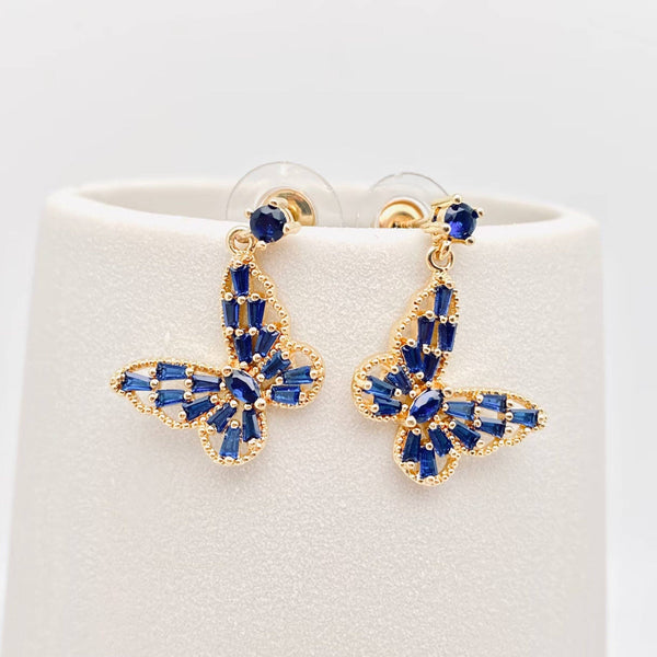 Mio Queena - Dark Blue Cubic Zirconia Dangling Butterfly Stud Earrings